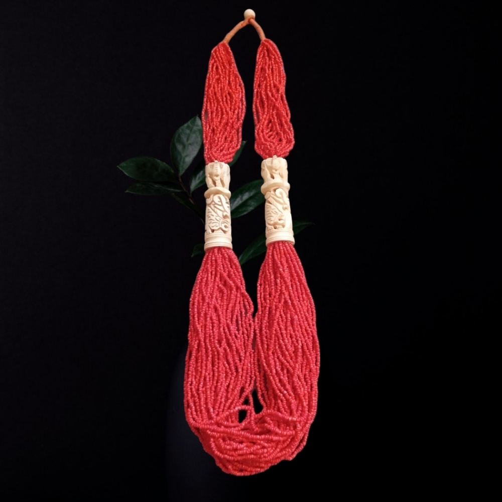 Vintage Tribal Necklace  , Early 1900s Coral Toned Beads And Elephant Carving